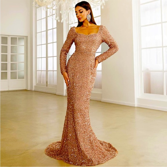 Sparkling Rose Gold Sequin Evening Gown Cutout Waist Sleeveless Party Dress,OLP2046